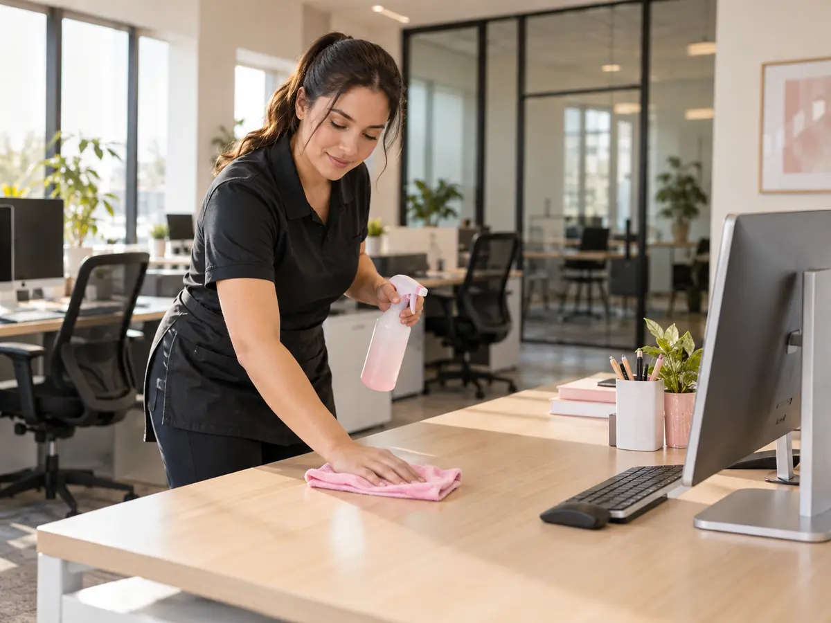 Professional cleaner wiping a desk in a modern office